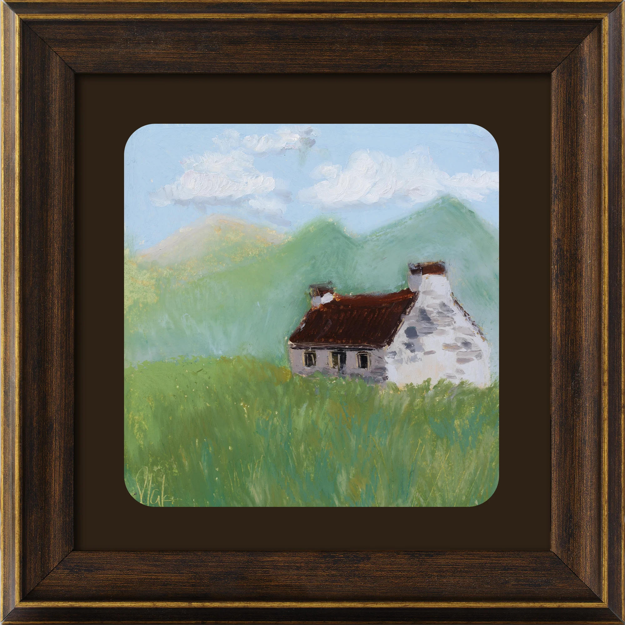 Original 6x6 oil pastel landscape painting of a white country cottage in a green meadow with soft blue mountains and clouds.