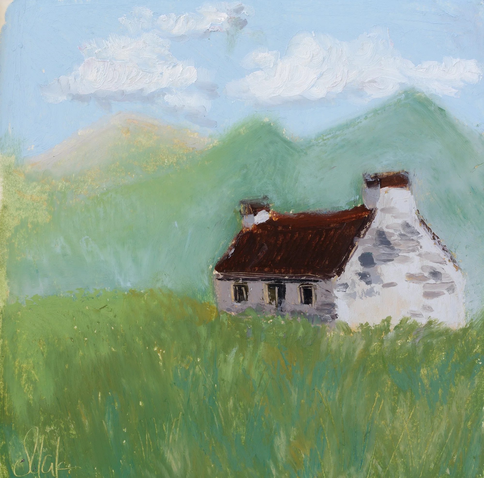 Original 6x6 oil pastel landscape painting of a white country cottage in a green meadow with soft blue mountains and clouds.