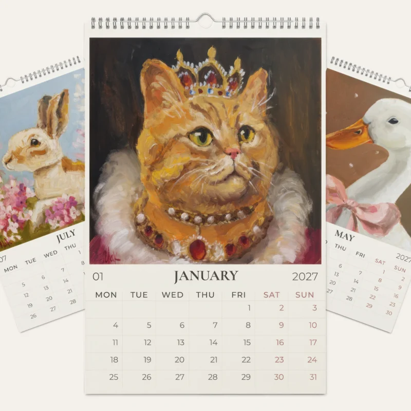 Animal Calendar 2027 | Whimsical Animal Art Wall Calendar | Original Oil Paintings | Bird Cat Rabbit Decor | Christmas Gift