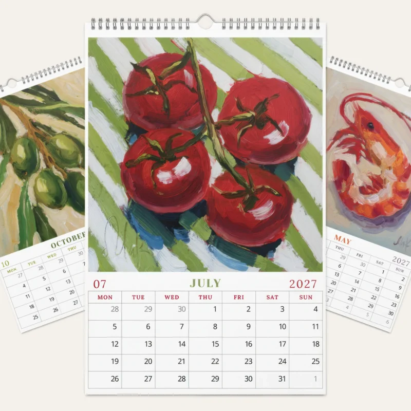 2027 Kitchen Wall Calendar, Illustrated Food Art, Tomatoes, Oysters, Pickles Gift for Foodies