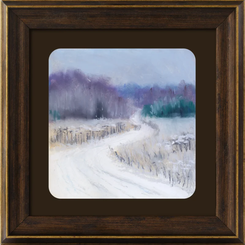 Original 6x6 oil pastel winter landscape painting with a winding snowy road leading toward a distant blue and violet forest.