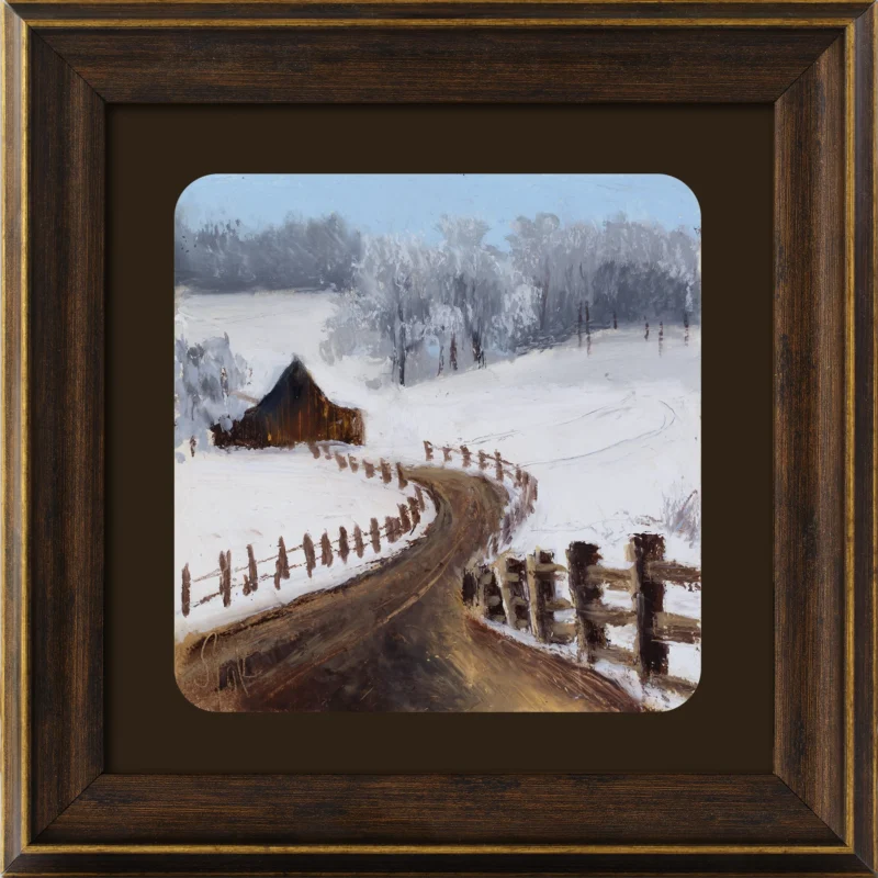 Original 6x6 oil pastel winter landscape painting with a winding snowy country road, wooden fences, cottage, and distant trees.