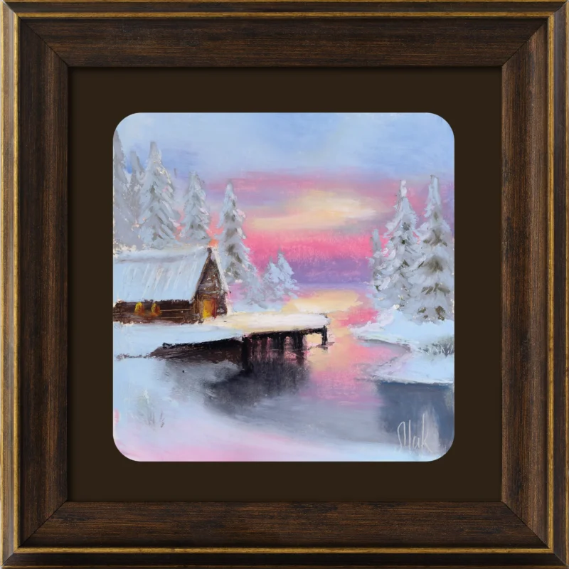 Original 6x6 oil pastel winter landscape painting with a snowy cabin, frozen river, evergreen trees, and pink sunset reflected in the water.