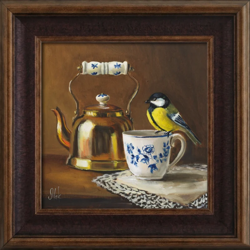 Original 8x8 oil still life painting of a yellow and black bird perched on a blue floral teacup beside a warm metallic kettle