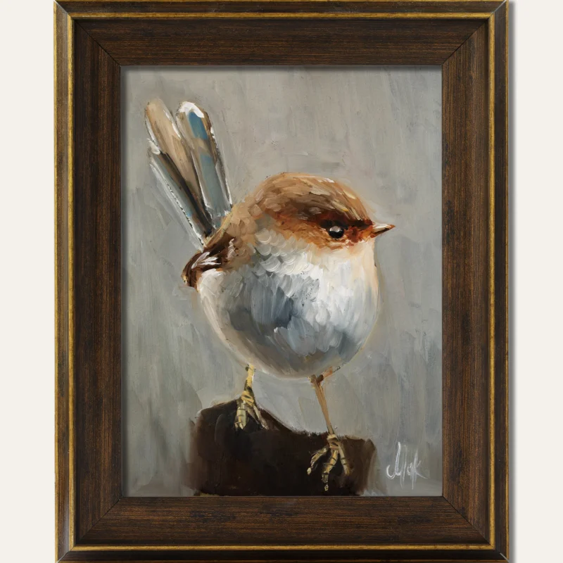 Original 6x8 oil painting of a small brown songbird with a pale gray breast and raised tail against a soft neutral gray background